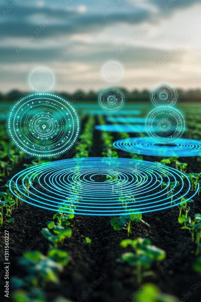 Poster a futuristic farming field with floating holograms of crop data.