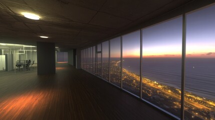 Modern office with panoramic sunset view.