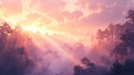 Naklejka premium Serene Sunrise Over Misty Forest Landscape with Soft Light and Colorful Sky at Dawn