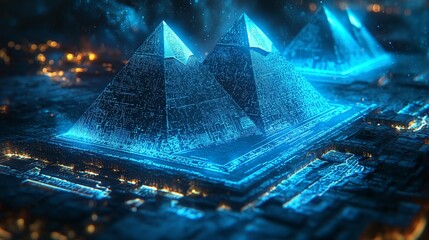 Digital Network Pyramids, Futuristic Hologram Above Giza at Night, Ancient Civilization Theme