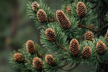 Obraz premium Detailed Closeup of Pine Cones on Lush Green Branches Natural Winter Forest Scenery Beautiful Conifer Tree Cones Winter Holiday Background Image life