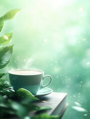 Fototapeta premium Steaming cup of coffee beside lush green leaves on a sunny morning in a tranquil outdoor setting