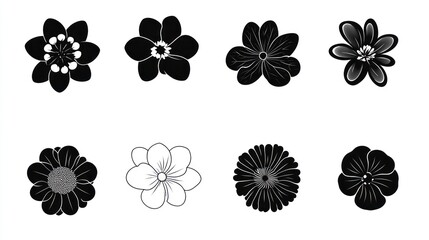 Eight monochrome flower silhouettes; design elements; white background; floral illustration