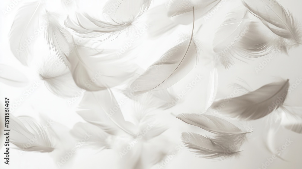 Fototapete Floating feathers create a dreamlike atmosphere on a soft white background with a high key photography style that evokes tranquility and lightness