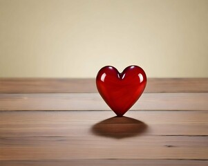 Fototapeta premium A vibrant red glass heart rests on a wooden surface against a soft background