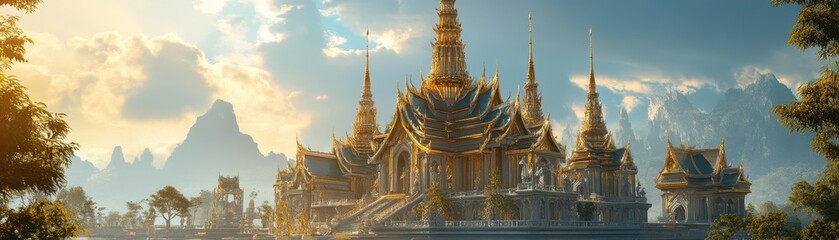 Fototapeta premium Majestic palace with towering spires, intricate carvings, and golden accents, embodying architectural grandeur.