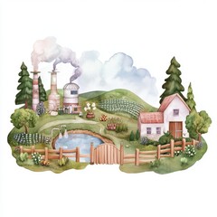 A futuristic rural landscape showcasing advanced technology harmoniously integrated with nature and traditional farming.
