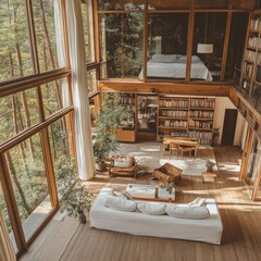 Modern, open-plan home with double-height windows overlooking a forest.