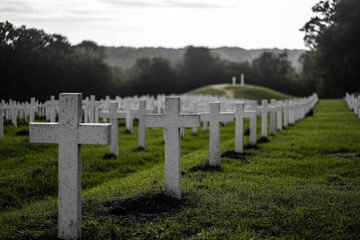 Naklejka premium Memorial honoring soldiers in quiet military cemetery during calm morning light