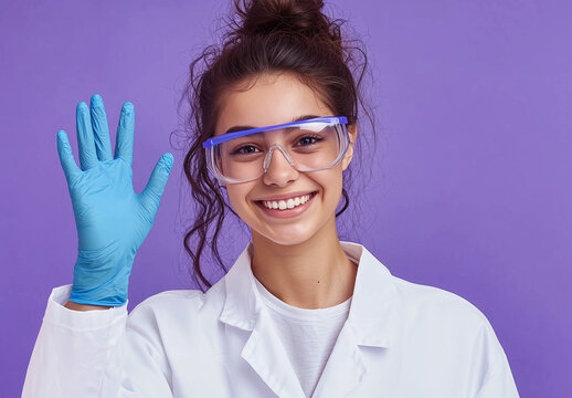 joyful lab technican isolated in front of a purple background