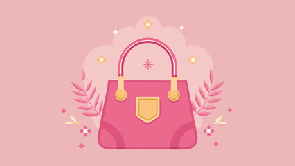 Pink elegant ladies bag on pink background with golden details