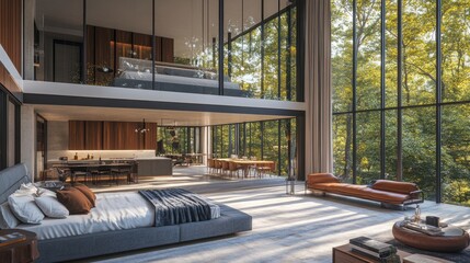 Fototapeta premium Modern open-plan home with double-height windows overlooking forest.