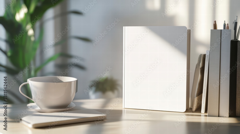 Aufkleber serene workspace with notepad and coffee: a minimalist workspace setup with a notepad, cup of coffee