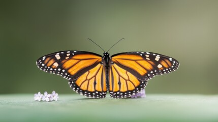 Fototapeta premium Monarch butterfly resting on a soft surface with delicate flowers in the background during daylight