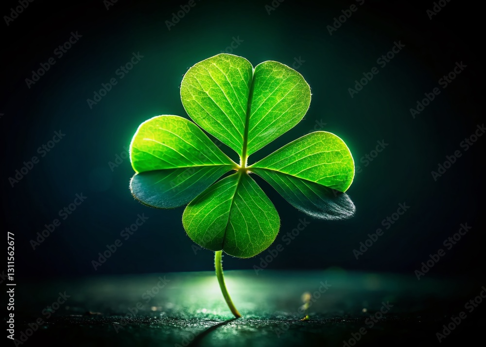 Poster st. patrick's day shamrock: single clover leaf on black background with space for text