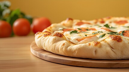 Freshly baked cheese pizza on wooden cutting board with golden crust, melted mozzarella. Traditional Italian food, thick dough edge. Homemade food. Pizzerias, food delivery services, Horizontal banner