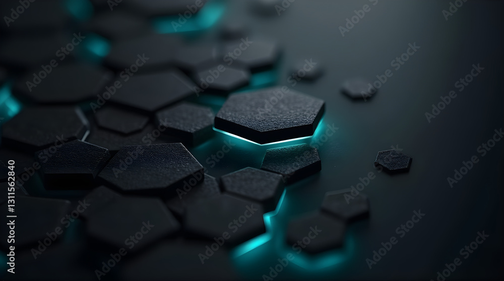 Aufkleber dark textured hexagons with blue light - abstract modern tech background tiles