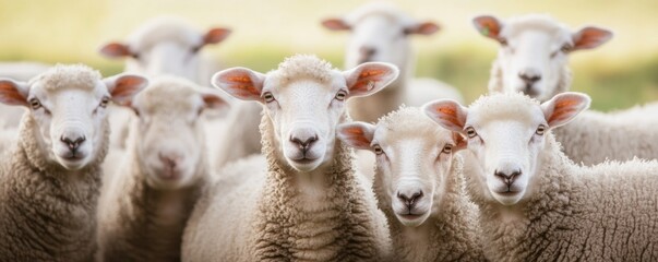 Flock of sheep grazes peacefully in a rustic farm setting alive with nature. Detailed closeup of brown and white sheep herd. Concept of sheep farming and herding. Open-air sheepfold. Farmhouse