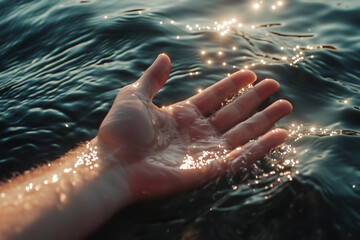 Fototapeta premium Hand reaching into ocean water with sunlight glare