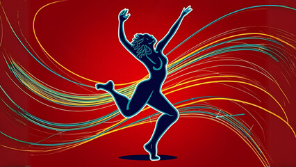 Energetic Dancer Silhouette: A vibrant digital illustration of a woman dancing with dynamic, flowing lines against a vivid backdrop, capturing movement and grace.