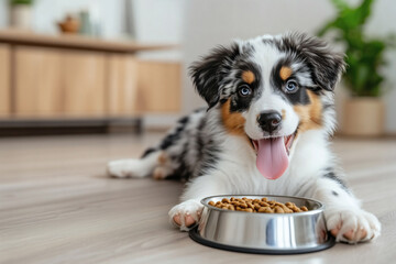 Happy puppy near food bowl