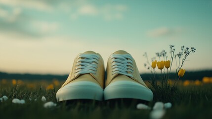 Bright yellow sneakers resting on a grassy field surrounded by flowers and a serene landscape at sunset