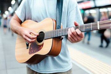 Obraz premium Musician plays acoustic guitar in busy subway station, capturing