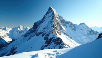 snowflakes gently falling on a rugged mountain peak, landscape, isolated, serene
