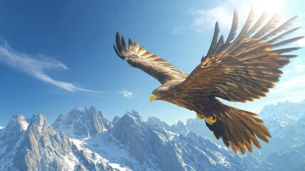 Fototapeta premium Majestic Eagle Soaring Over Snow-Capped Mountains Under Bright Blue Sky