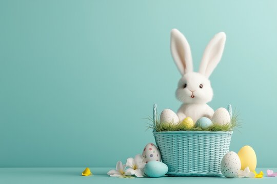 Soft white bunny sitting in a blue basket filled with colorful eggs on a light background during Easter celebration
