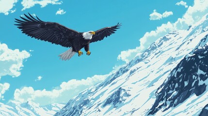 Obraz premium Majestic Bald Eagle Soaring Over Snowy Mountain Landscape Under Clear Blue Sky