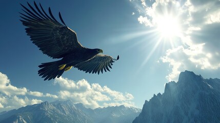 Fototapeta premium Majestic Eagle Soaring Against Luminous Sky Over Dramatic Mountain Landscape