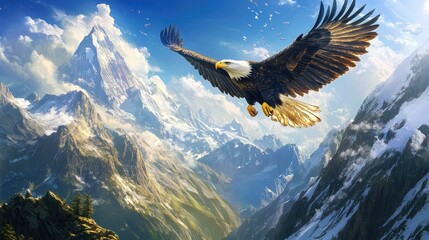 Obraz premium Majestic Eagle Soaring Over Snow-Capped Mountains Under Clear Blue Sky in Vibrant Nature Landscape
