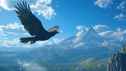 Obraz premium Majestic Eagle Soaring Above Lush Green Valleys and Snow-Capped Mountains Under a Bright Blue Sky