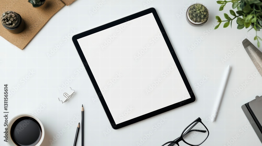 Aufkleber modern workspace: top-down view of a contemporary workspace featuring a digital tablet with a blank 