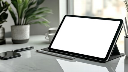 Fototapeta premium Digital Workspace: A modern workspace featuring a tablet with a blank display. Emphasizing technology, business, and productivity.