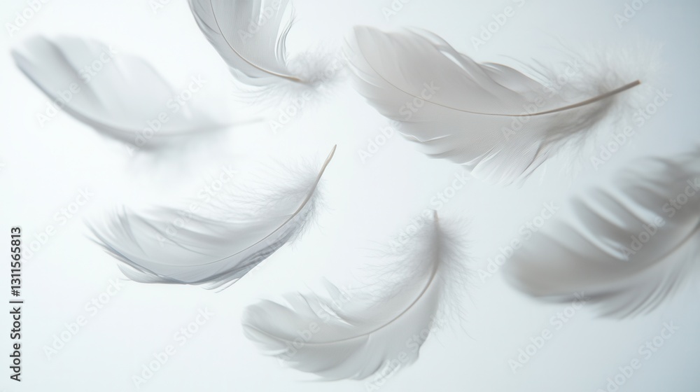 Fototapete Soft floating feathers create a serene atmosphere in a dreamlike composition on a soft white background showcasing high key photography