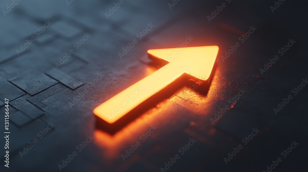 Poster glowing upward arrow icon on dark textured background in 3d style