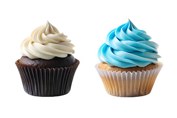 Chocolate cupcake with pink frosting and sprinkles on a white background