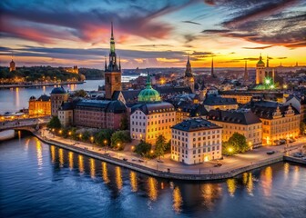 Obraz premium Stockholm Dusk: Serene Cityscape at Twilight - Dramatic Shadows & Golden Hour Light