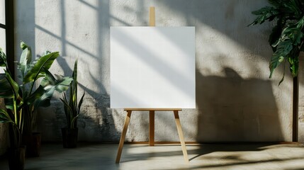 Canvas of Creativity: A blank canvas sits on an easel, bathed in natural light and surrounded by lush greenery, creating a scene that embodies inspiration and the potential of creative expression.
