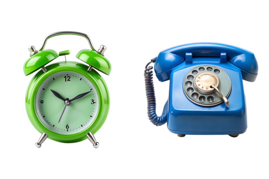 Telephone and alarm clock isolated on transparent background