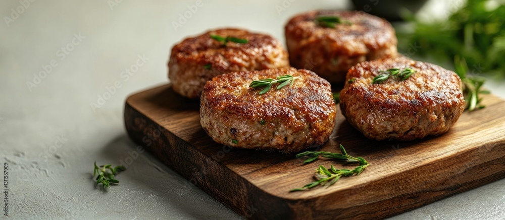 Poster homemade meat cutlets on a rustic wooden board with green herbs and a light textured backdrop featur