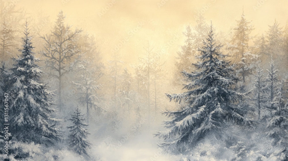 Aufkleber serene winter landscape with snow-covered trees and soft fog in a tranquil forest setting