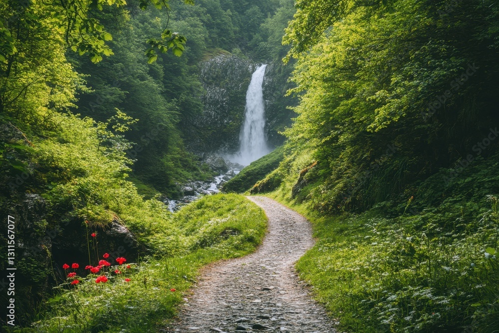 Poster peaceful waterfall cascading down mossy rocks in a dense forest with a misty atmosphere during early