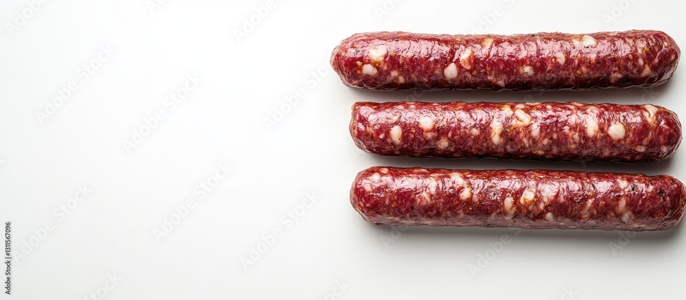 Poster raw homemade lula kebabs in three cylindrical shapes displayed horizontally on a clean white backgro