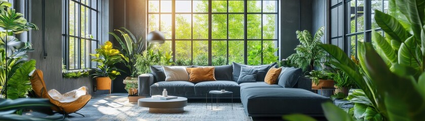 Obraz premium Chic urban jungle living room featuring lush greenery and modern decor for a vibrant, stylish atmosphere.