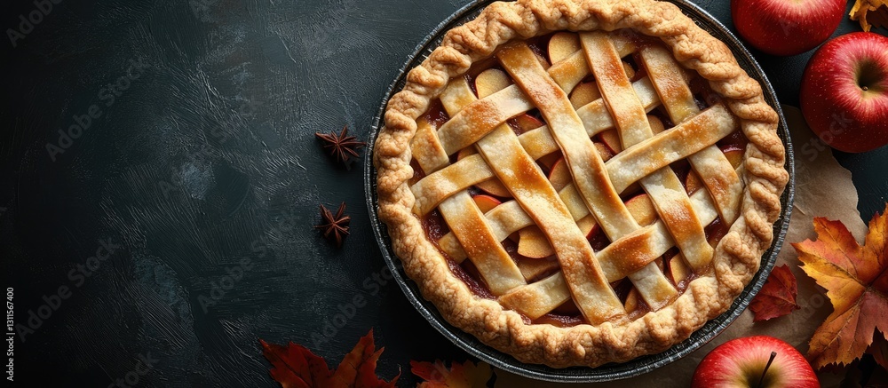 Poster homemade apple pie with a golden-brown lattice crust displayed on a dark surface, surrounded by red 