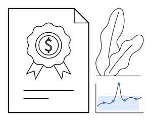 Dollar-badge certificate symbolizes financial success, paired with a data chart and foliage element. Ideal for finance, growth, certification, analysis, success, achievement simplicity. Flat simple