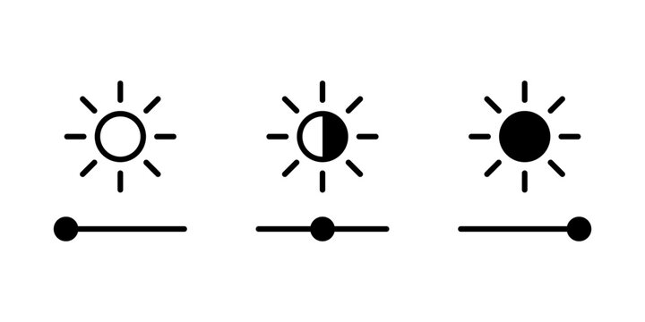 Brightness control icon. Brightness and contrast level adjustment icons. Brightness slider level control icon